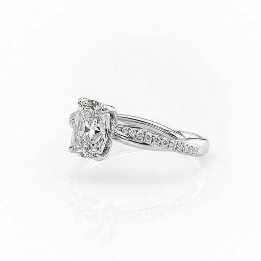 Cushion Cut Moissanite Engagement Ring with Twisted Shoulders and Hidden Halo