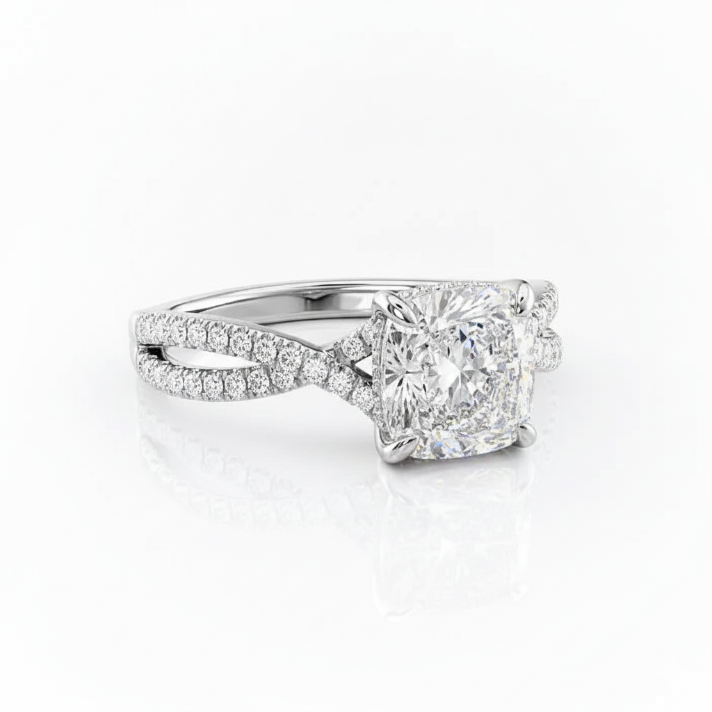 Cushion Cut Moissanite Engagement Ring with Twisted Stone Set Shoulders