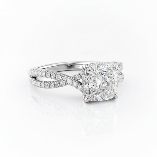 Cushion Cut Moissanite Engagement Ring with Twisted Stone Set Shoulders