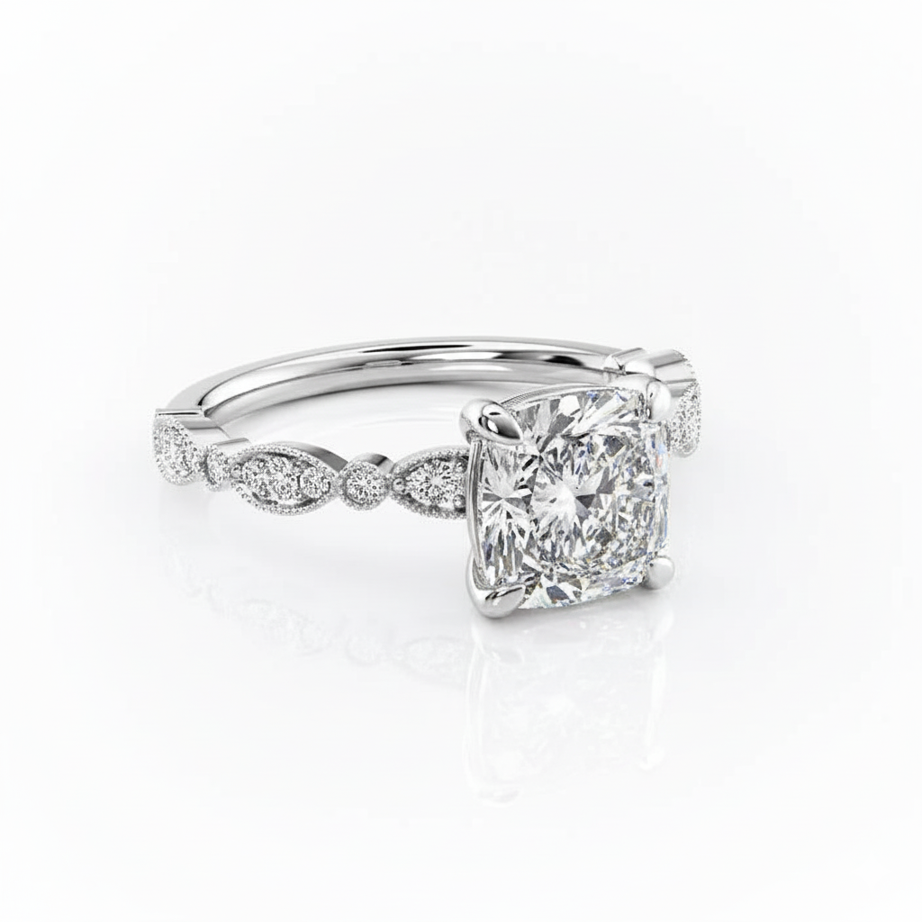 Cushion Cut Moissanite Engagement Ring with Vintage Halo Detailing