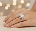 Cushion Cut Moissanite Engagement Ring, Elongated Classic Halo Style