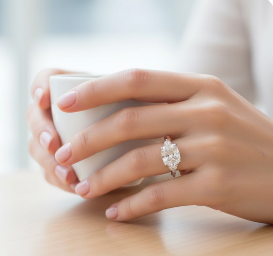 Cushion Cut Moissanite Engagement Ring, Three Stone Design