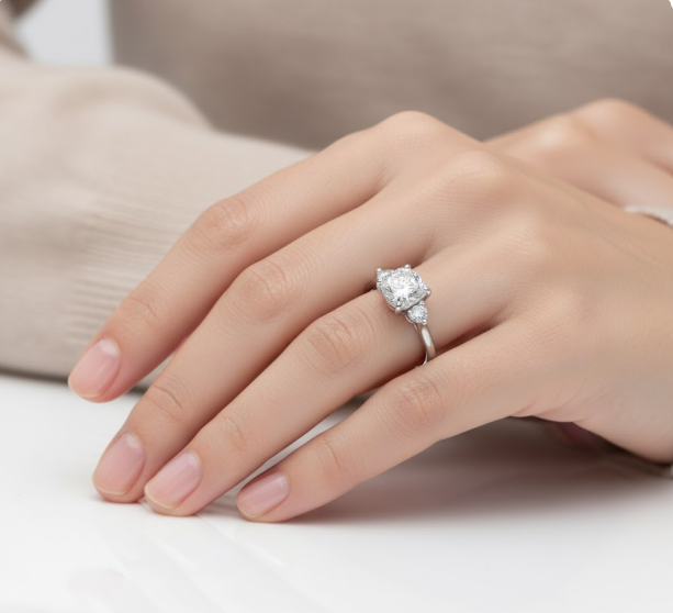 Cushion Cut Moissanite Engagement Ring, Three Stone Style