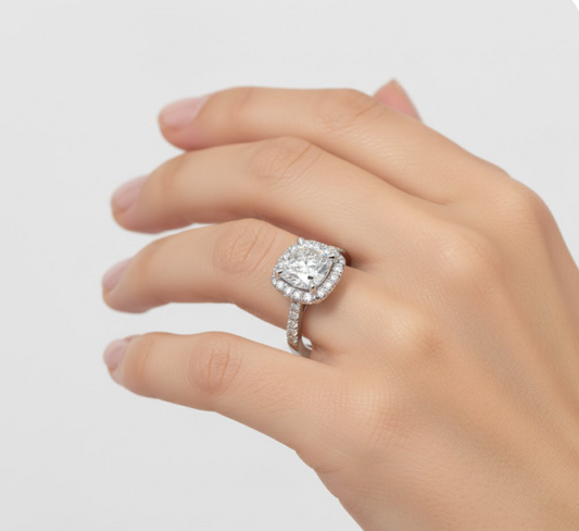 Cushion Cut Moissanite Engagement Ring, Tiffany Halo Design
