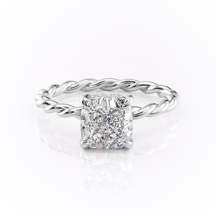 Cushion Cut Moissanite Ring, Twisted Band With Hidden Halo