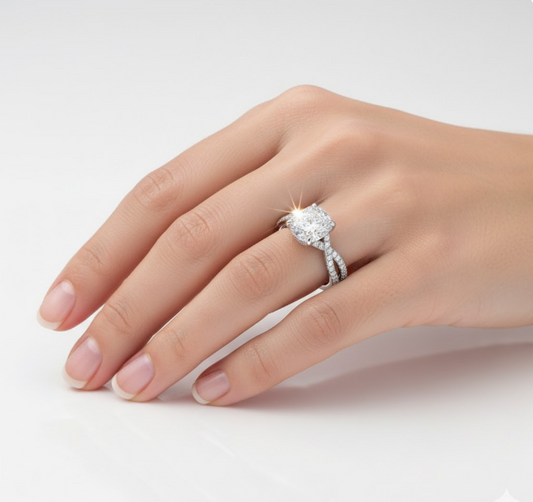 Cushion Cut Moissanite Engagement Ring, Twisted Stone Set Band