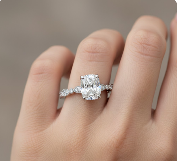 Cushion Cut Moissanite Engagement Ring, Vintage Design