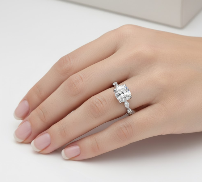 Cushion Cut Moissanite Engagement Ring featuring Hidden Halo Detailing