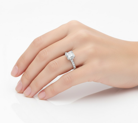 Cushion Cut Moissanite Engagement Ring with Block Halo Design