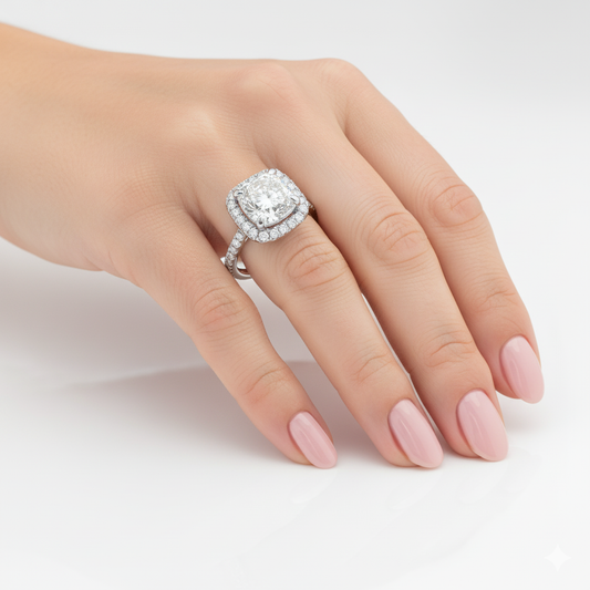 Cushion Cut Moissanite Engagement Ring with Classic Halo