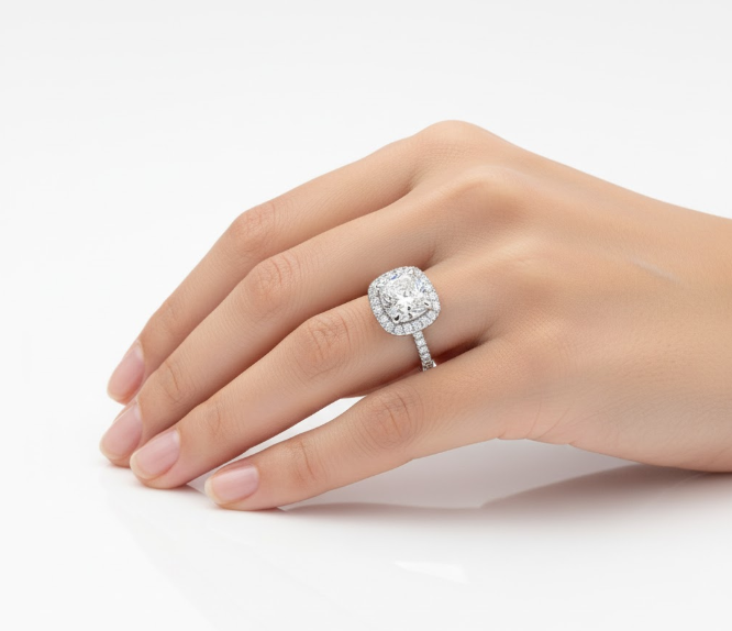 Cushion Cut Moissanite Engagement Ring with Elegant Halo Design