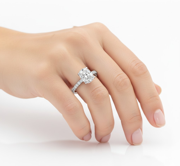 Cushion Cut Moissanite Engagement Ring with Hidden Halo