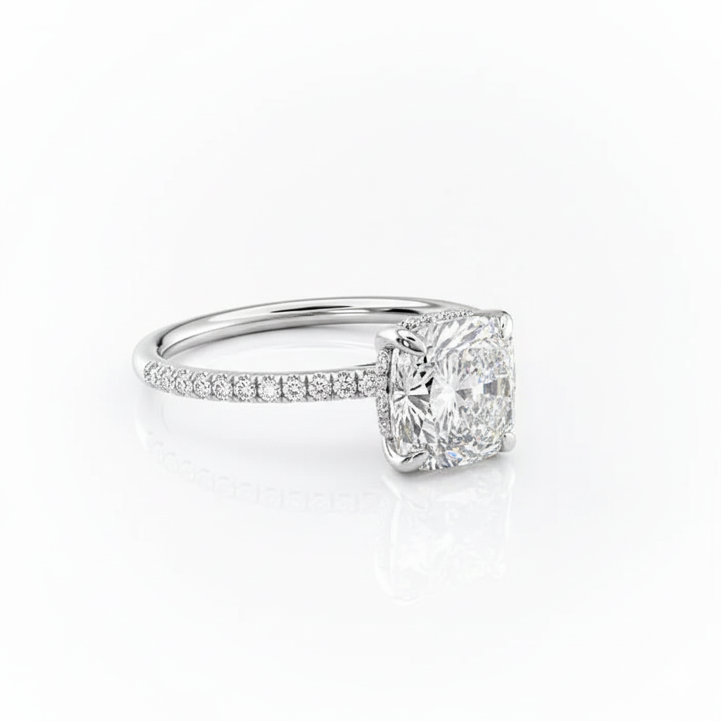 Cushion Cut Moissanite Engagement Ring with Hidden Halo Design