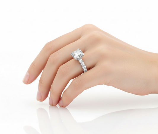 Cushion Cut Moissanite Engagement Ring with Hidden Halo and Stone Set Band