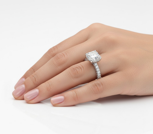 Cushion Cut Moissanite Engagement Ring with Pave Shoulders and Hidden Halo