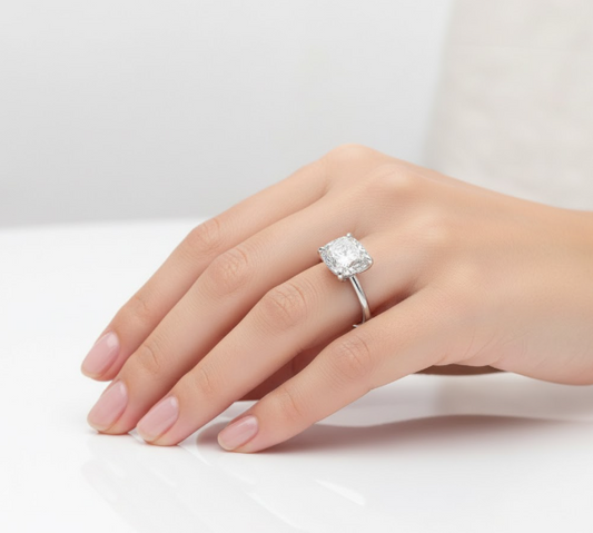 Cushion Cut Moissanite Engagement Ring with Plain Band and Hidden Halo