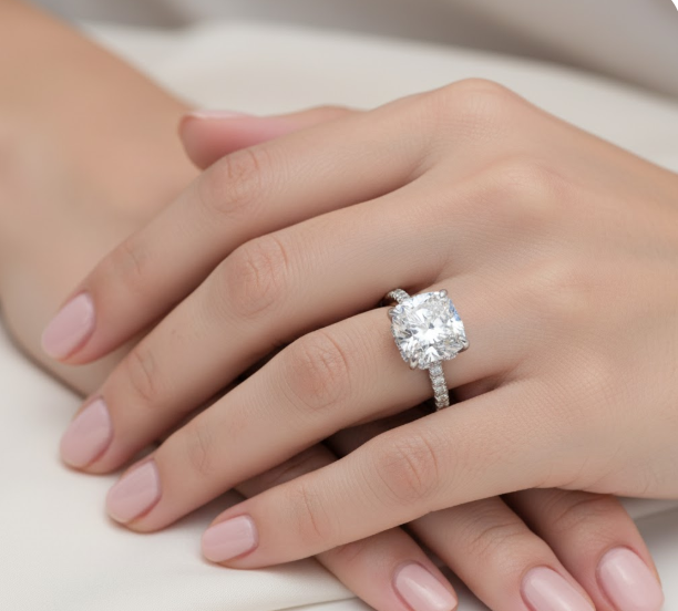 Cushion Cut Moissanite Engagement Ring with Shoulder Set Stones and Hidden Halo