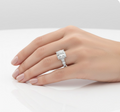 Cushion Cut Moissanite Engagement Ring with Stone Set Shoulders and Hidden Halo
