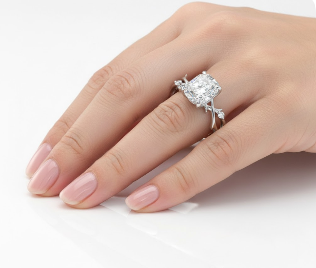 Cushion Cut Moissanite Engagement Ring with Twig Band