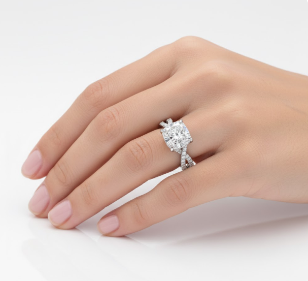 Cushion Cut Moissanite Engagement Ring with Twisted Stone Set Shoulders