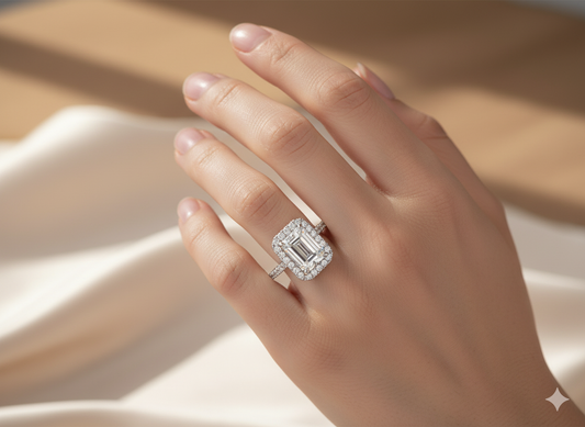 Emerald Cut Classic Halo Design Moissanite Engagement Ring