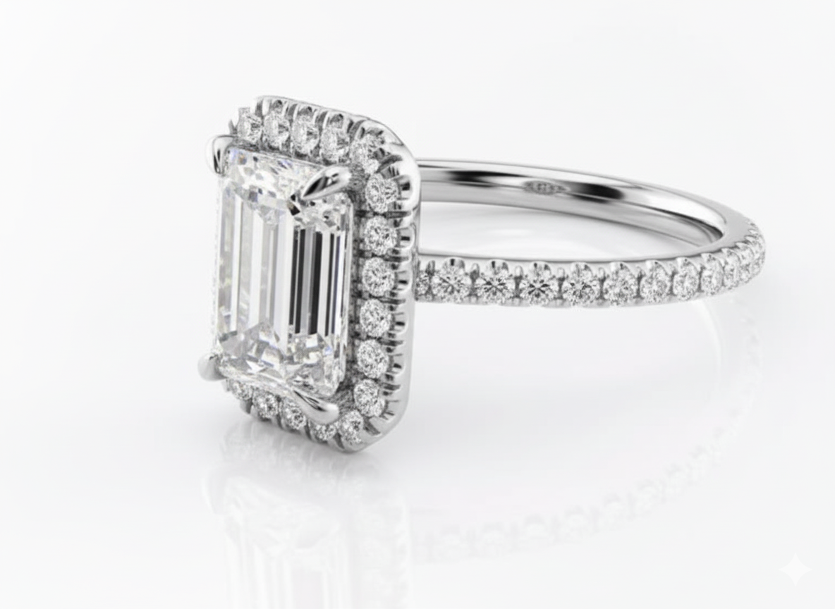 Emerald Cut Classic Halo Design Moissanite Engagement Ring