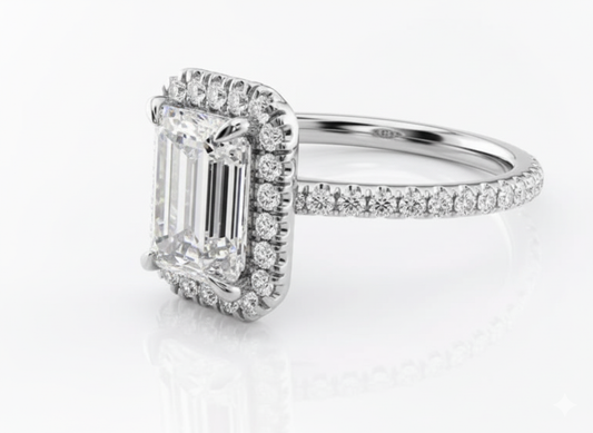 Emerald Cut Classic Halo Design Moissanite Engagement Ring