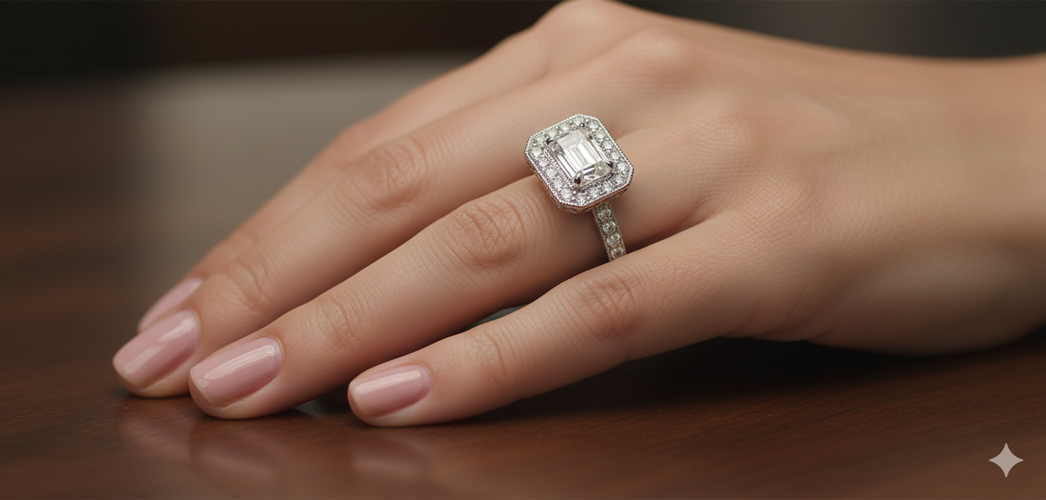 Emerald Cut Classic Halo Moissanite Engagement Ring