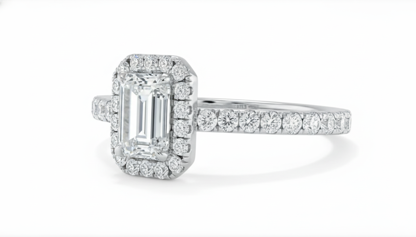 Emerald Cut Classic Halo with Split Shank Moissanite Engagement Ring