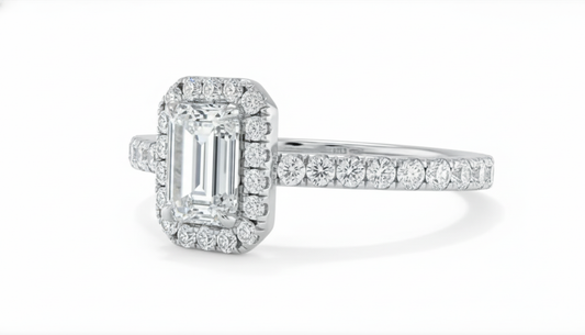 Emerald Cut Classic Halo with Split Shank Moissanite Engagement Ring