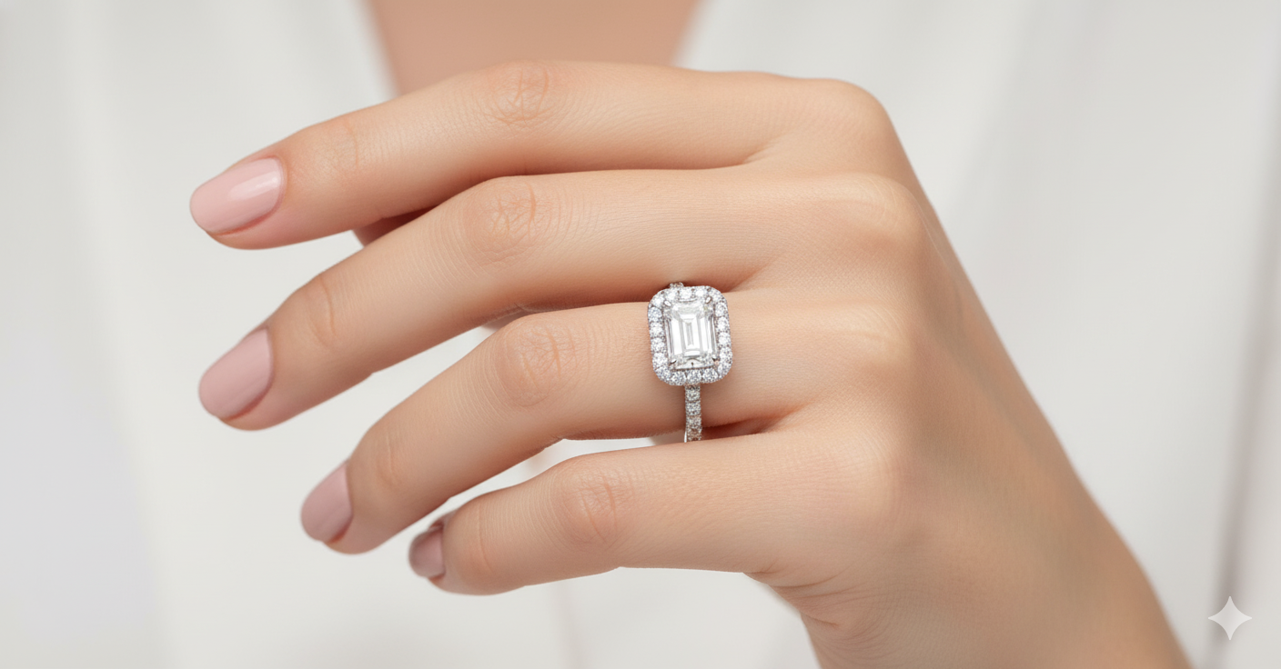 Emerald Cut Classic Halo with Split Shank Moissanite Engagement Ring