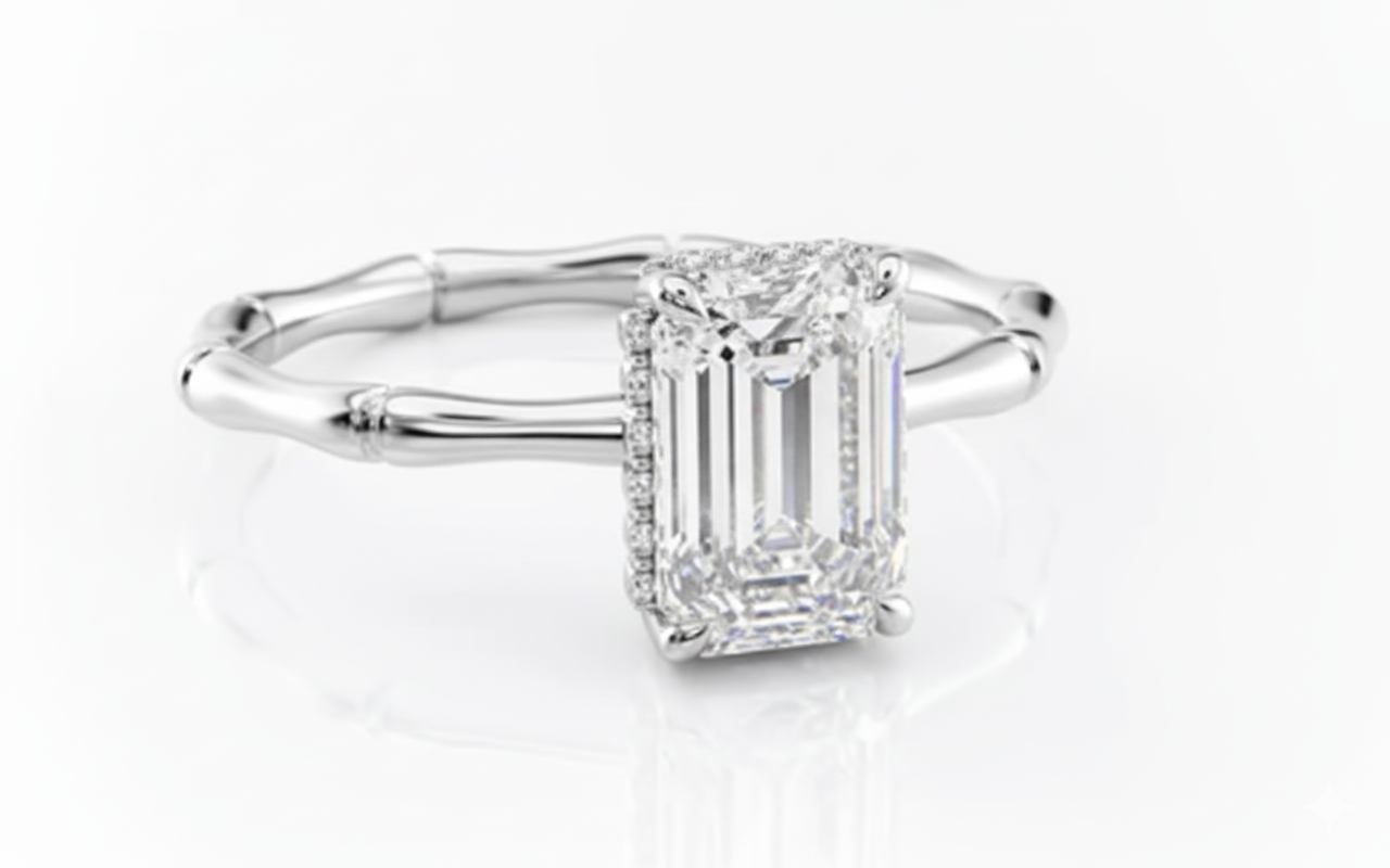 Emerald Cut Hidden Halo Design Moissanite Engagement Ring