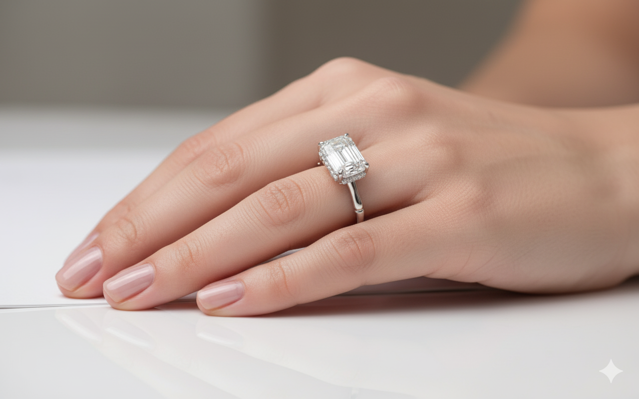 Emerald Cut Hidden Halo Design Moissanite Engagement Ring