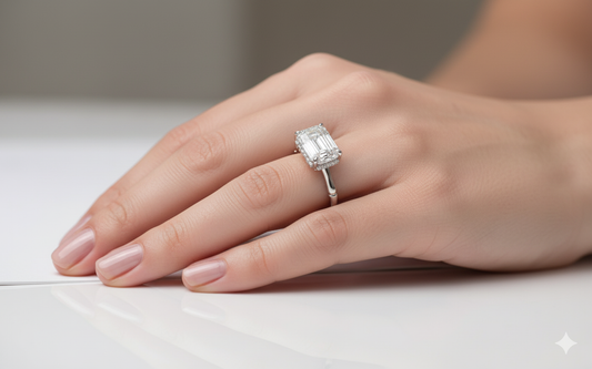 Emerald Cut Hidden Halo Design Moissanite Engagement Ring