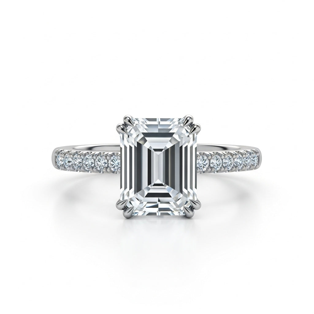 Emerald Cut Moissanite Engagement Ring, Hidden Halo