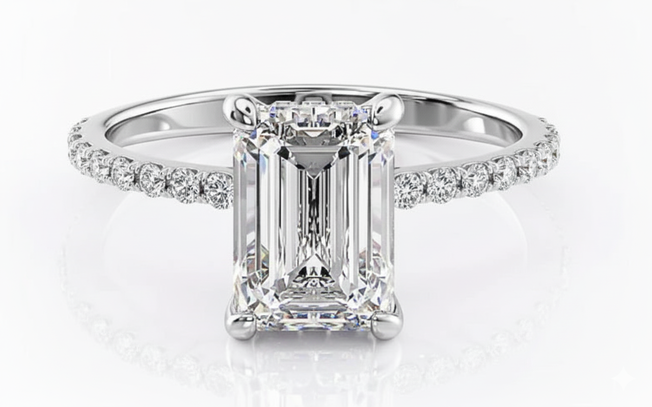 Emerald Cut Moissanite Engagement Ring With Hidden Halo