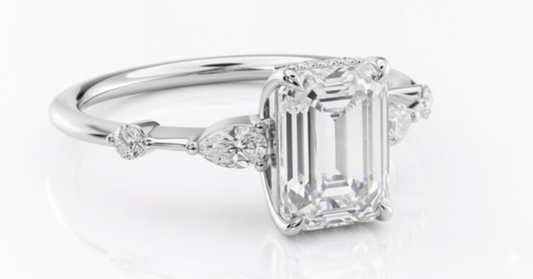 Emerald Cut Moissanite Engagement Ring, Block Halo With Hidden Shoulders2