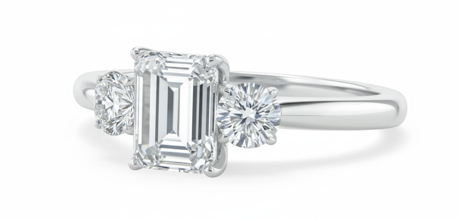 Emerald Cut Moissanite Engagement Ring, Classic 3-Stone Design