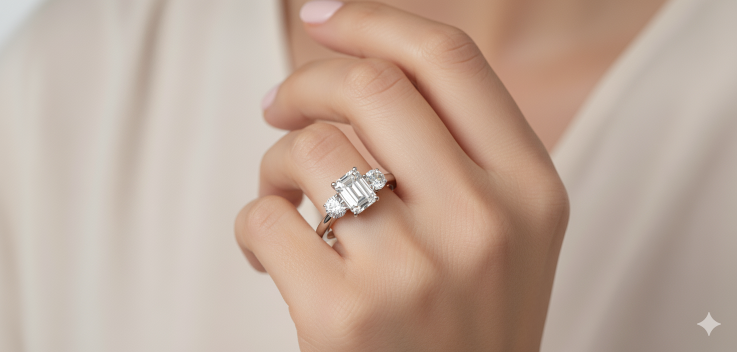 Emerald Cut Moissanite Engagement Ring, Classic 3-Stone Design