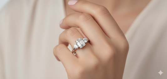 Emerald Cut Moissanite Engagement Ring, Classic 3-Stone Design