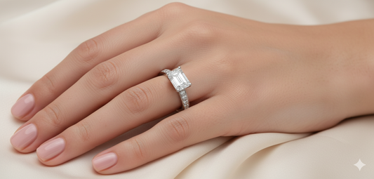 Emerald Cut Moissanite Engagement Ring, Classic Band Style