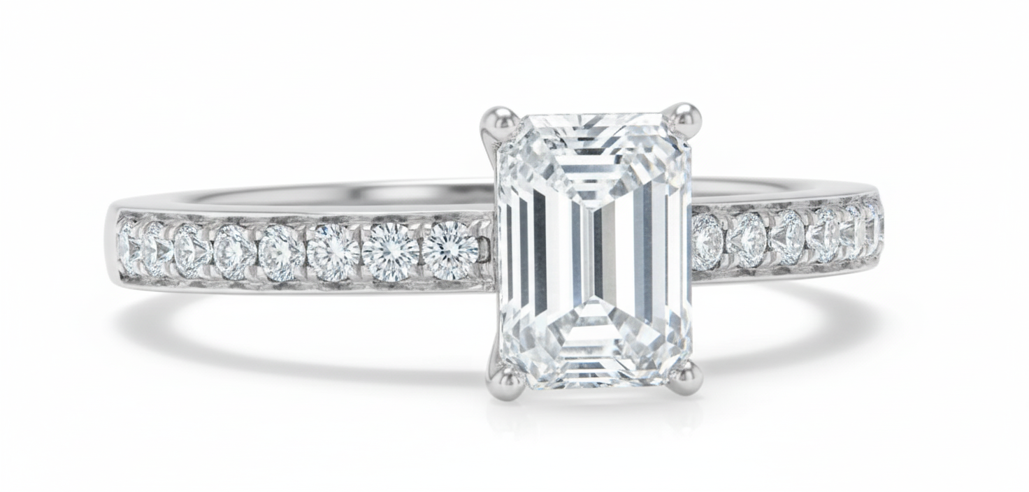 Emerald Cut Moissanite Engagement Ring, Classic Band Style