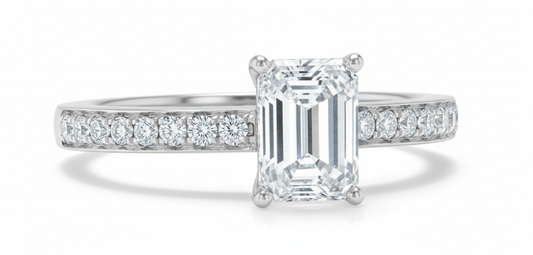 Emerald Cut Moissanite Engagement Ring, Classic Band Style