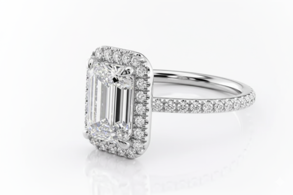 Emerald Cut Moissanite Engagement Ring, Classic Halo Design