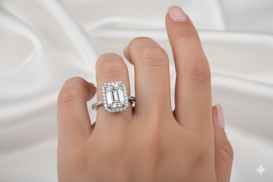 Emerald Cut Moissanite Engagement Ring, Classic Halo Design