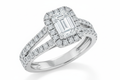 Emerald Cut Moissanite Engagement Ring, Classic Halo With Split Shank