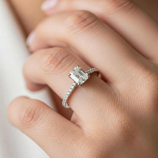 Emerald Cut Moissanite Engagement Ring, Hidden Halo