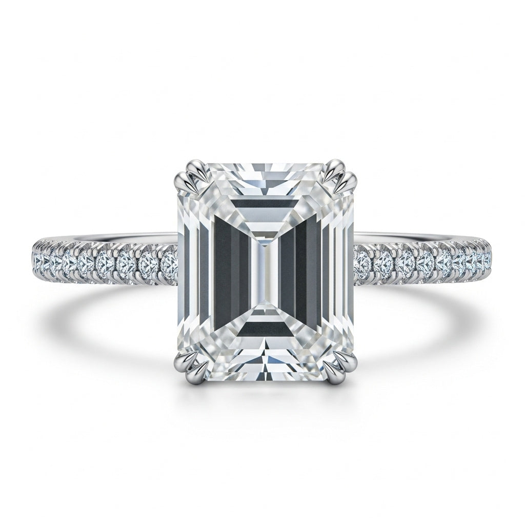 Emerald Cut Moissanite Engagement Ring, Classic Hidden Halo