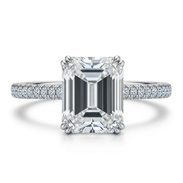 Emerald Cut Moissanite Engagement Ring, Classic Hidden Halo