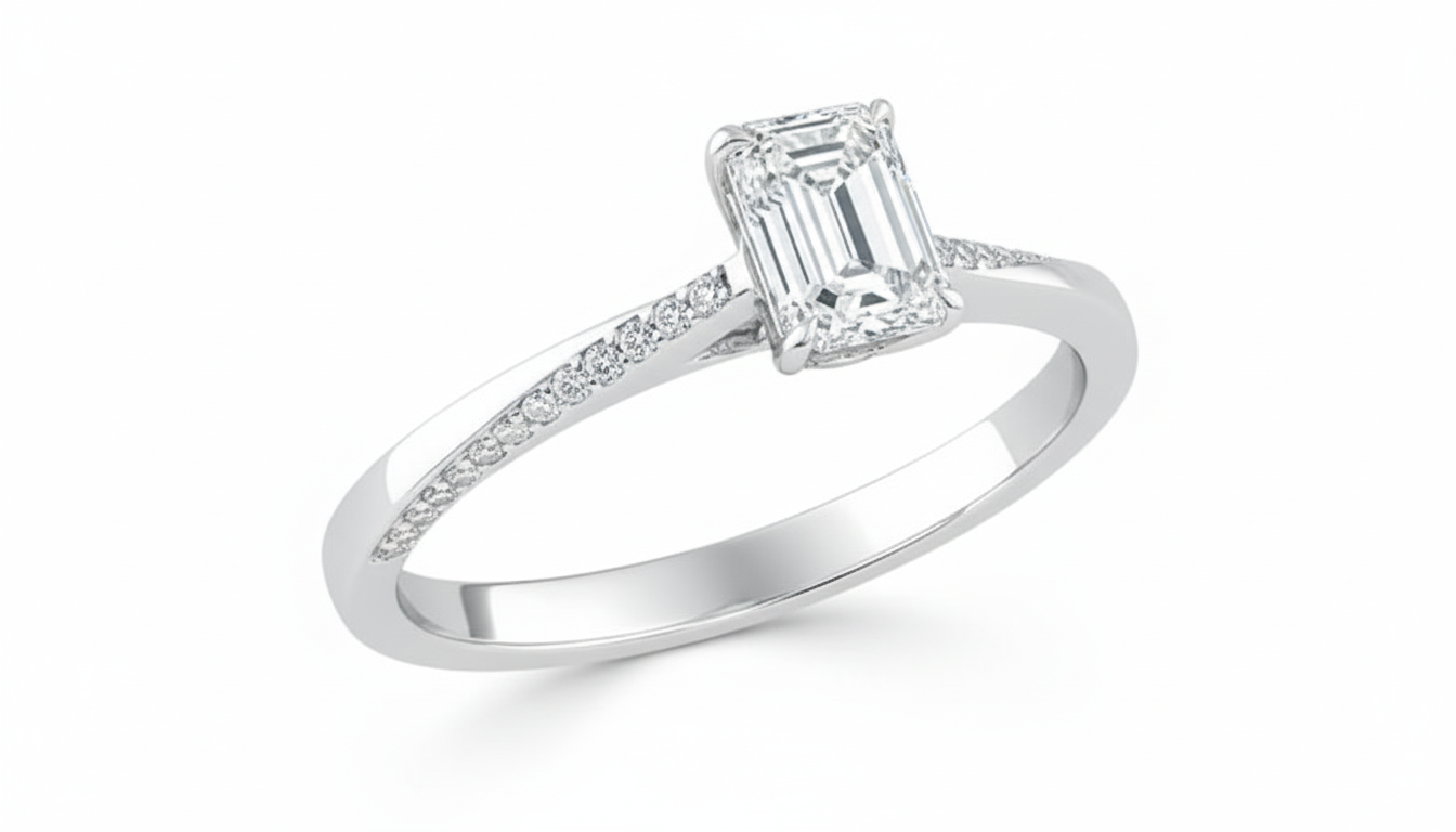 Emerald Cut Moissanite Engagement Ring, Elegant Classic Style
